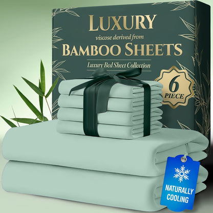 Bamboo Cooling Bed Sheets 6 Piece Set - 17 Inch Deep Pocket Fitted Sheet for Hot Sleepers, Cloud-Soft Luxury Flat Sheet & Pillowcases, Twin Full Queen King, Breathable Hypoallergenic Bedroom Bedding