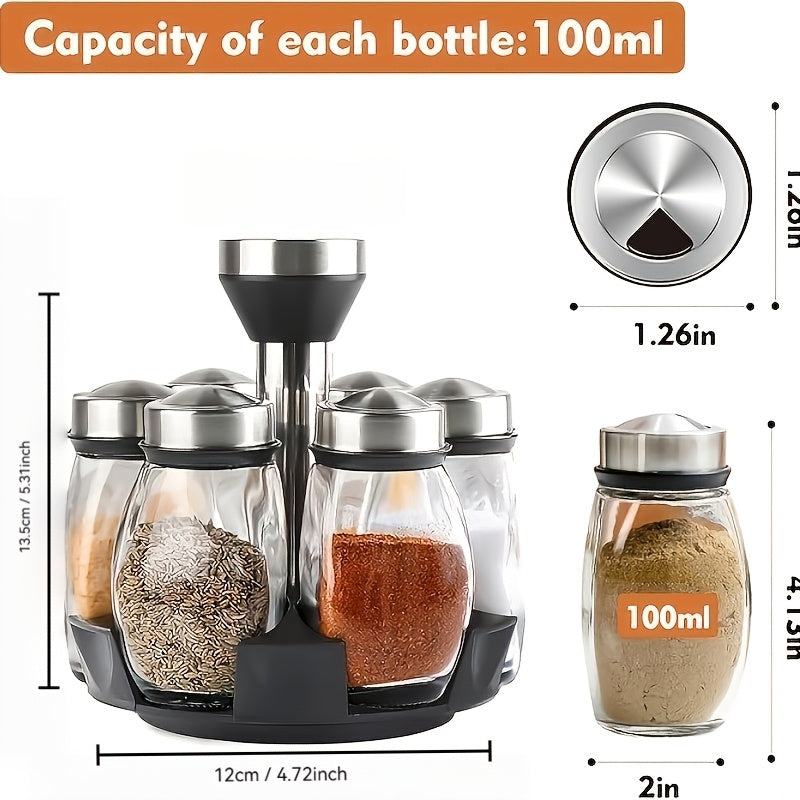 Glass Spice Jar Set with Rotating Stainless Steel Rack – 6 or 12 Piece Food Grade Glass Spice Bottles with 360° Spinning Rack for Kitchen Counter & Cabinet, Pantry Organization