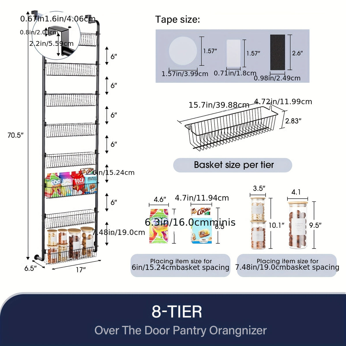 Over The Door Organizer, Heavy-Duty Metal Pantry Rack with 6 or 8 Shelves – Space-Saving Multi-Level Storage for Kitchen, Bathroom & Laundry Room, Spice Rack & Cabinet Door Hanging Shelf, Black or White