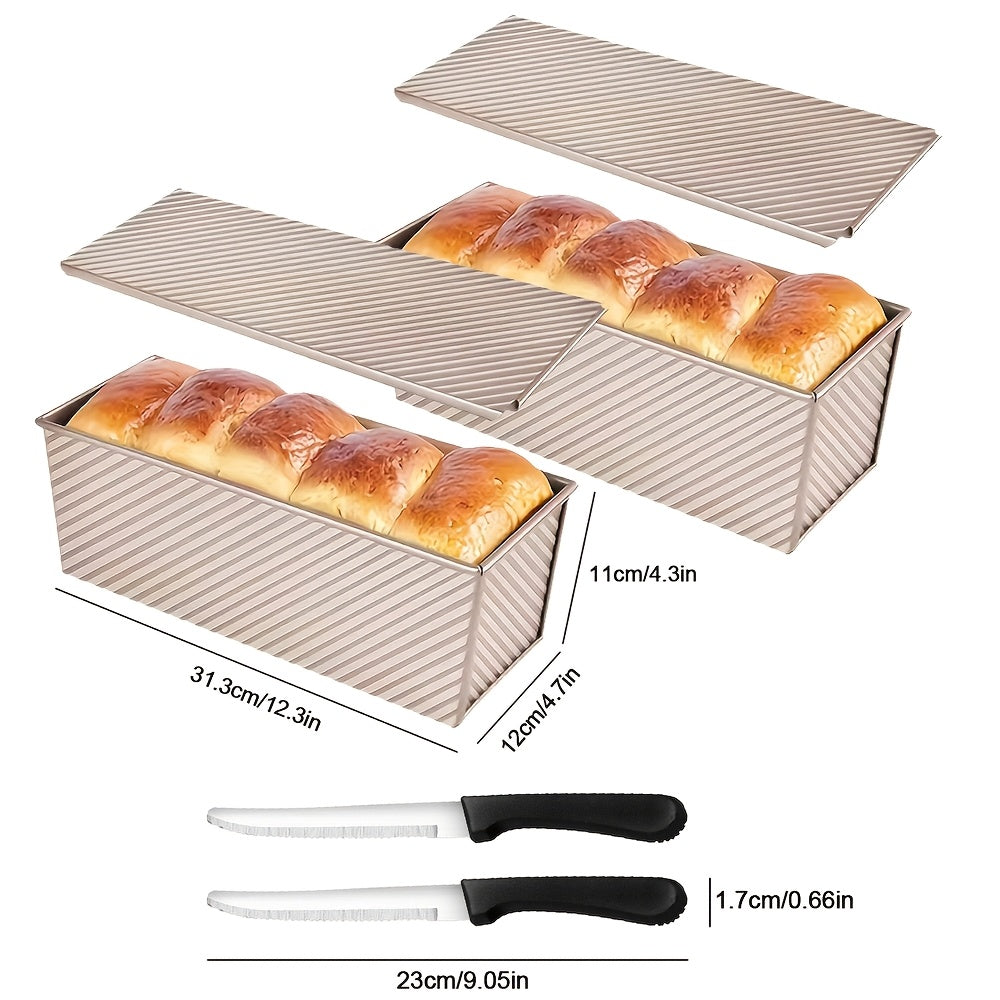 Pullman Loaf Pan with Lid Extra Large 12.3x4.7x4.3 Inch – Sandwich Bread Pan with Vent Holes & Bread Knife, Non-Stick Baking Pan for Square Loaf, 1 or 2 Pack, Gold & Black