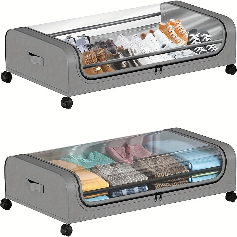 Under Bed Storage Organizer with Wheels and Lid – 2 Pack Metal Underbed Rolling Bins for Clothes, Bedding, Shoes, Blankets & Books, Black/Grey