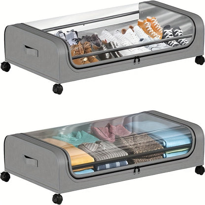 Under Bed Storage Organizer with Wheels and Lid – 2 Pack Metal Underbed Rolling Bins for Clothes, Bedding, Shoes, Blankets & Books, Black/Grey
