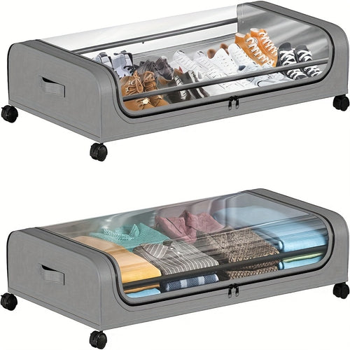 Under Bed Storage Organizer with Wheels and Lid – 2 Pack Metal Underbed Rolling Bins for Clothes, Bedding, Shoes, Blankets & Books, Black/Grey