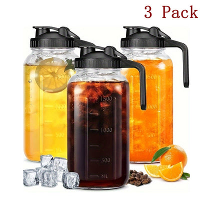 Mason Jar with Handle and Lid 64oz, 2/3 Pack BPA-Free Borosilicate Glass Jar with Lid, Leak-Proof Wide Mouth Beverage Carafe for Water Juice Smoothie, Sports Outdoor Kitchen Gift, Pink Black Blue