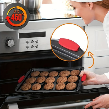 Carbon Steel Bakeware Set 3 Piece Non-Stick, Commercial-Grade Oven Baking Pans S M L with Red Silicone Handles, Heavy-Duty Carbon Steel Baking Sheet Set for Cookies Bread Roasting Cake Home Kitchen