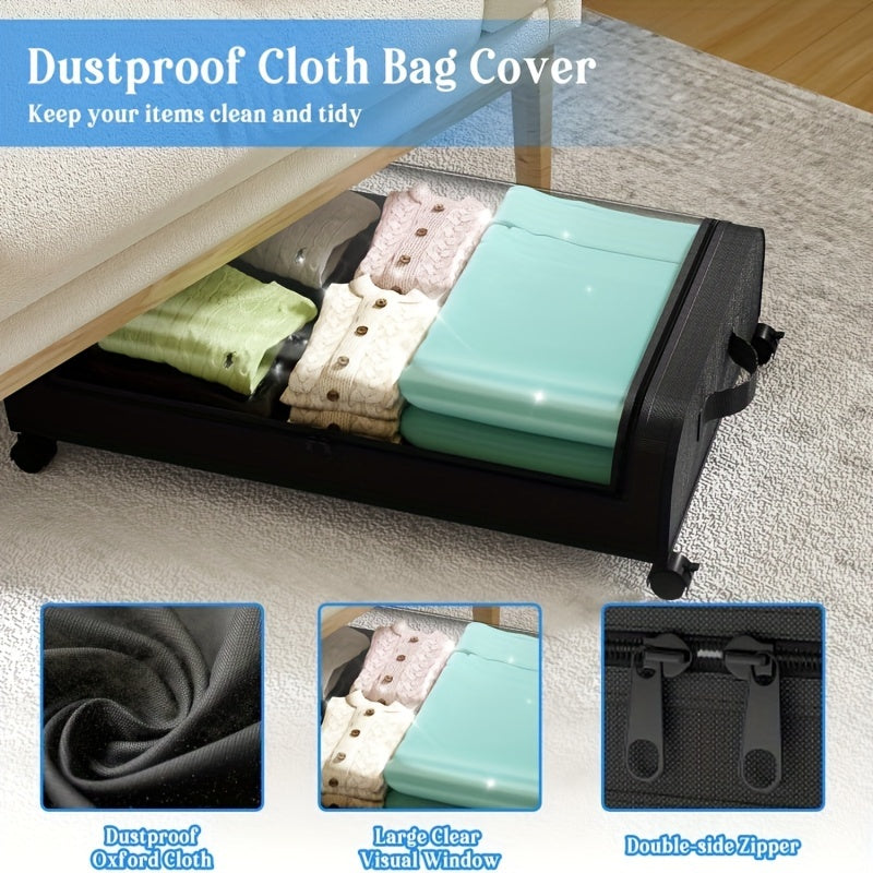 Under Bed Storage Organizer with Wheels and Lid – 2 Pack Metal Underbed Rolling Bins for Clothes, Bedding, Shoes, Blankets & Books, Black/Grey