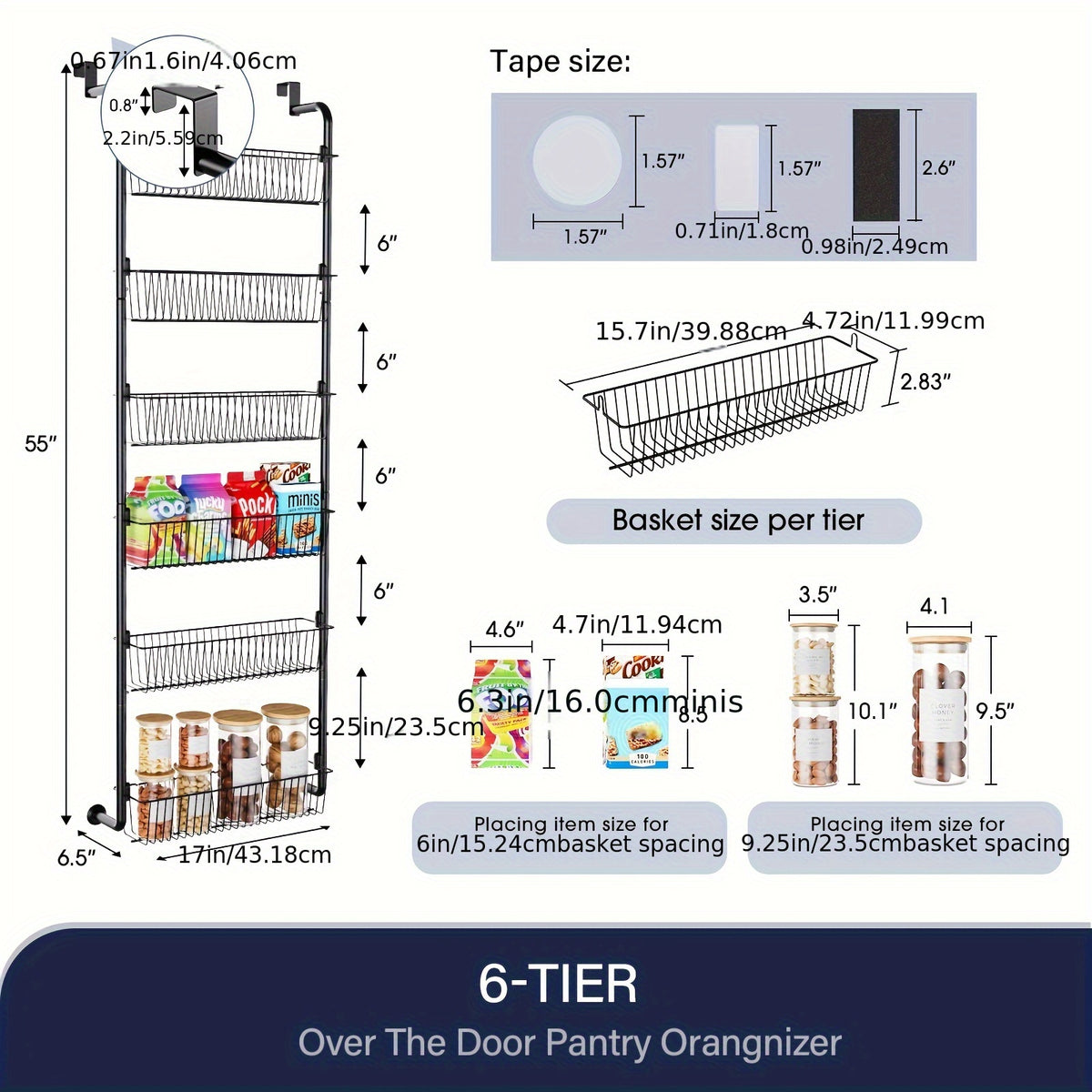 Over The Door Organizer, Heavy-Duty Metal Pantry Rack with 6 or 8 Shelves – Space-Saving Multi-Level Storage for Kitchen, Bathroom & Laundry Room, Spice Rack & Cabinet Door Hanging Shelf, Black or White
