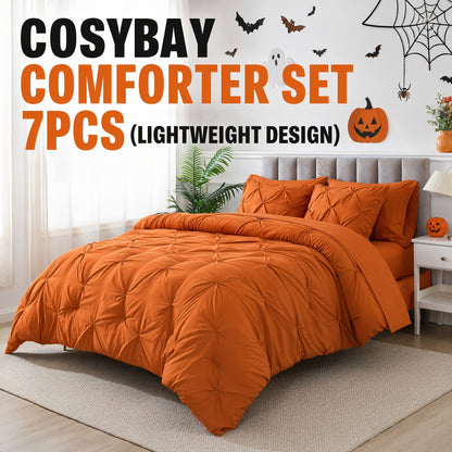 Pinch Pleated Comforter Set Queen King Full – 7 Piece Bed in a Bag with Sheets Pillowcases Pillow Shams, Hypoallergenic Down Alternative Microfiber Bedding 33 Colors All Season