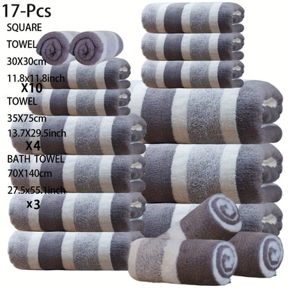 17 Pcs Bath Towel Set Quick-Dry Highly Absorbent Soft Coral Fleece Towels - Multi-Size Family Bathroom Towels with Hanging Loops for Home Hotel Spa, Plush & Durable, Navy Striped Design