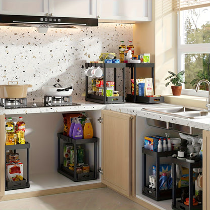 Under Sink Organizer 2 Pack – Double Tier Sliding Storage Basket with 8 Hooks, Adjustable Cabinet Organizer for Kitchen Bathroom Under Sink Storage, Moonlight White Matt Black Light Gray