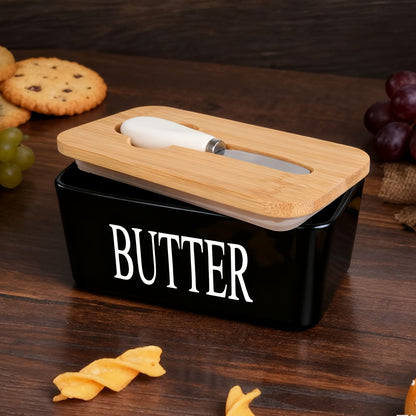Ceramic Butter Dish with Lid and Knife - Large Capacity Countertop Butter Keeper Airtight Seal Easy Clean, 12 Colors Yellow Blue Grey Pink Black Orange, Kitchen Gift