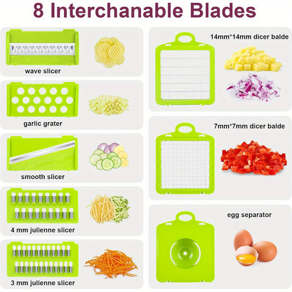 16-in-1 Manual Vegetable Chopper Set with 8 Blades, Container, Grater & Strainer – Professional Onion, Carrot & Garlic Slicer for Easy Cooking