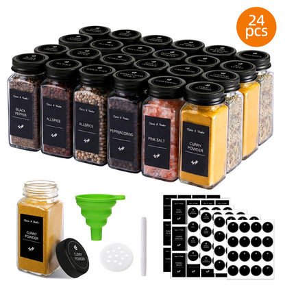 Glass Spice Jars Set with Labels and Shaker Lids, 4oz Square Airtight Seasoning Bottles with Collapsible Funnel Brush and Marker, BPA-Free Kitchen Spice Organizer for Rack Drawer Cabinet, 16/24/36/48 Pack