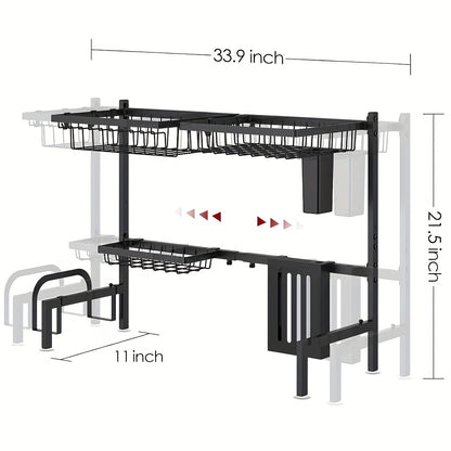 Over Sink Dish Drying Rack 2 Tier Expandable - 304 Stainless Steel Kitchen Dish Rack with Drainage Tray Utensil Holder Knife Holder Cutting Board Holder, Adjustable 30-34 Inch Black