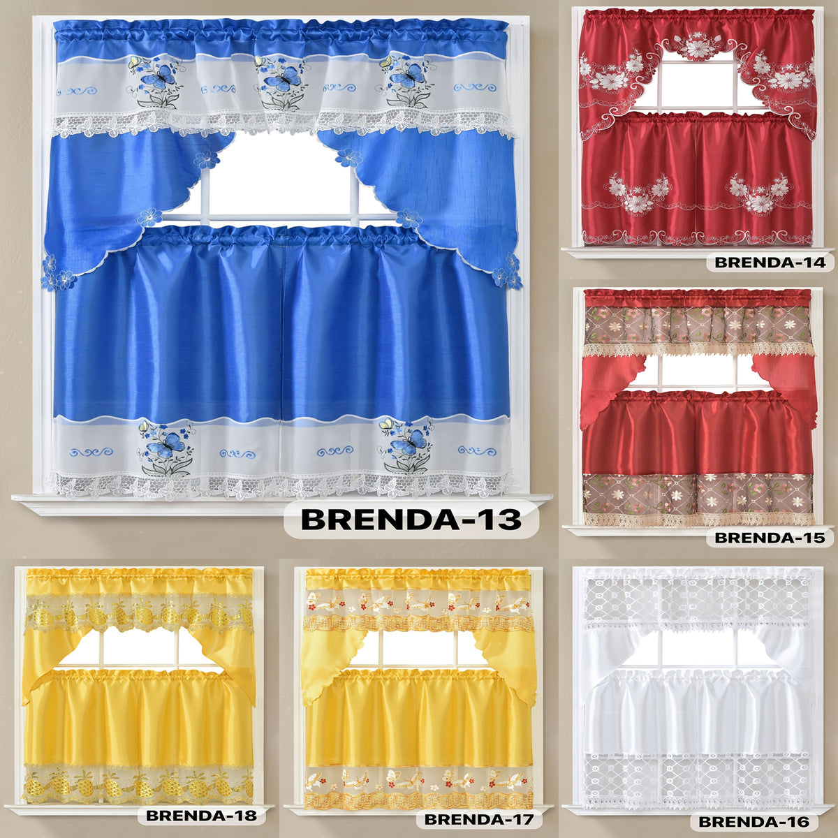 Kitchen Curtains Set 3 Piece with Embroidery – Satin Fabric Valance and Tier Curtains for Kitchen Windows, 49 Colors, Light Filtering, Rod Pocket, Machine Washable