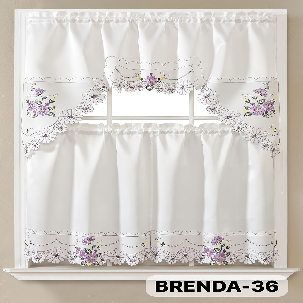 Kitchen Curtains Set 3 Piece with Embroidery – Satin Fabric Valance and Tier Curtains for Kitchen Windows, 49 Colors, Light Filtering, Rod Pocket, Machine Washable