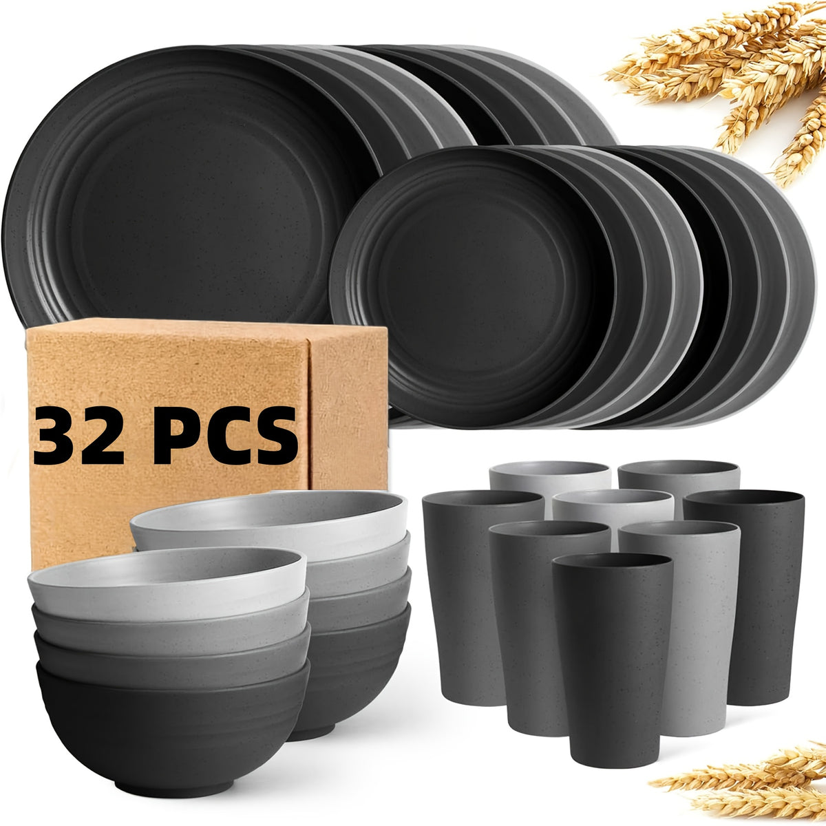Wheat Straw Dish Set for 4 or 8 – 16 or 32 Piece Unbreakable Dinnerware Set with Dinner Plate, Dessert Plate, Cereal Bowl & Cup, Dishwasher Safe Lightweight Tableware for Camping, Everyday Use & Gifts
