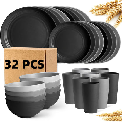 Wheat Straw Dish Set for 4 or 8 – 16 or 32 Piece Unbreakable Dinnerware Set with Dinner Plate, Dessert Plate, Cereal Bowl & Cup, Dishwasher Safe Lightweight Tableware for Camping, Everyday Use & Gifts