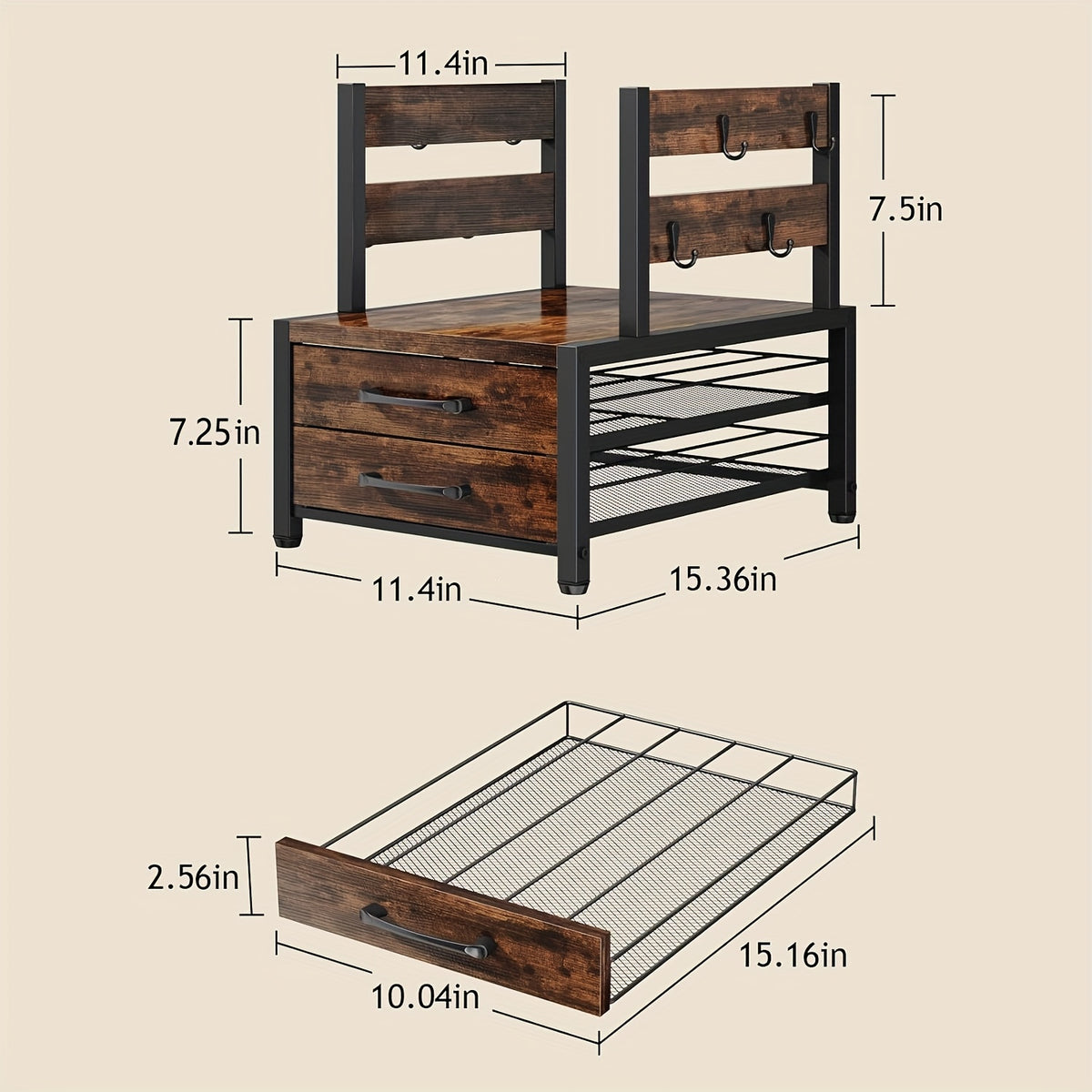 Coffee Pod Holder and Mug Rack Countertop Organizer – K-Cup Capsule Storage Rack with Coffee Machine Stand, 70 Capacity Drawer Organizer, Rustic Brown, Single or Double Tier