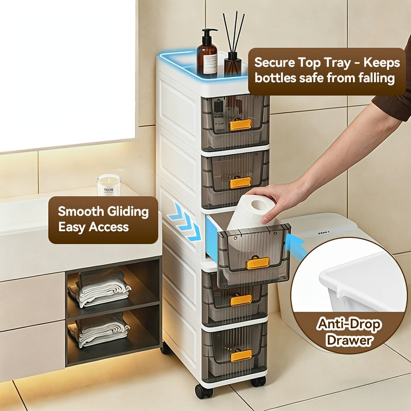 Slim Storage Cabinet with Drawers 3 4 5 6 Tier, Waterproof PP Plastic Drawer Organizer Unit for Bathroom Kitchen Bedroom, Narrow Rolling Storage Cart with Wheels for Small Spaces