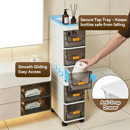 Slim Storage Cabinet with Drawers 3 4 5 6 Tier, Waterproof PP Plastic Drawer Organizer Unit for Bathroom Kitchen Bedroom, Narrow Rolling Storage Cart with Wheels for Small Spaces