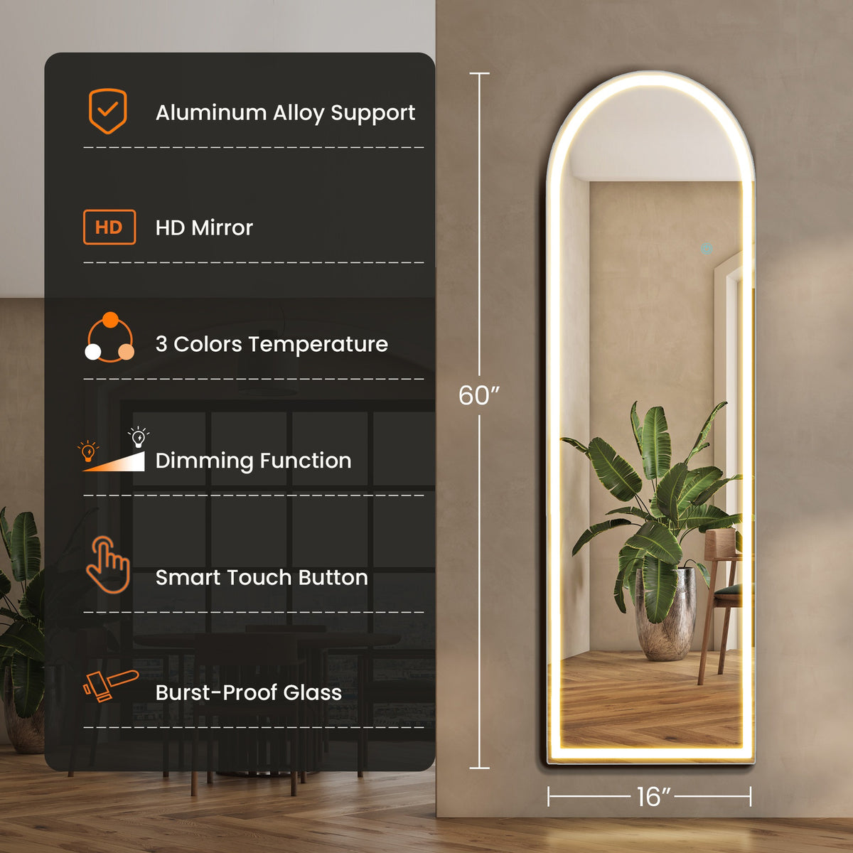 LED Full Length Mirror Arched & Rectangle Full Body Floor Mirror – Standing Leaning or Wall Hanging Aluminum Alloy Thin Frame 16x60 26x71 Inch for Bedroom Bathroom Dressing Room Store