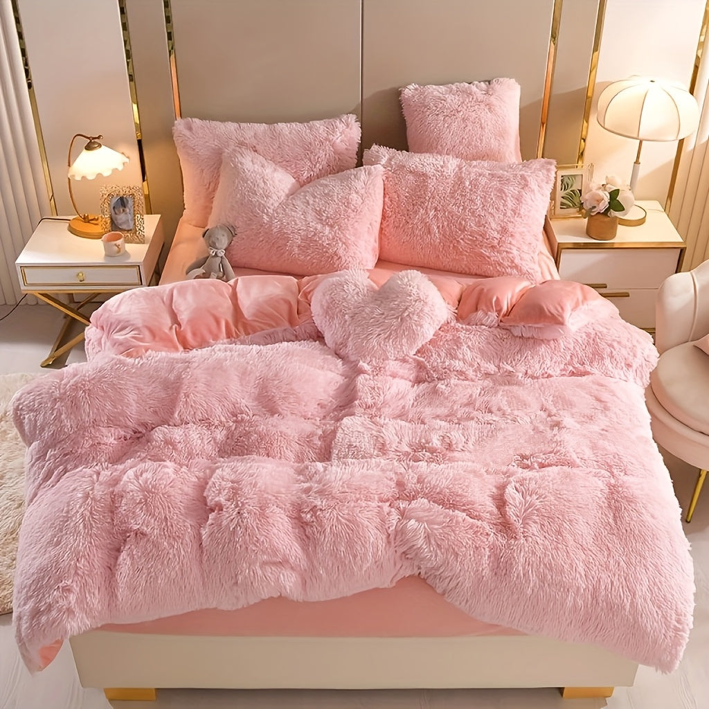 Fluffy Duvet Cover Set 4 Piece Queen King, Soft Plush Comforter Cover with 2 Pillow Shams All Season Cozy Bedding Set No Insert, in Purple Red Pink Gray Yellow Blue Beige Black