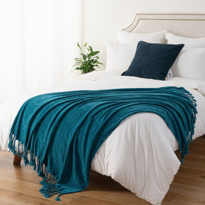 Boho Chenille Throw Blanket with Fringe 50x60 Inch – Soft Velvety Decorative Fringe Throw for Sofa Couch Bed Living Room Home Decor 17 Colors Cozy Gift for Women