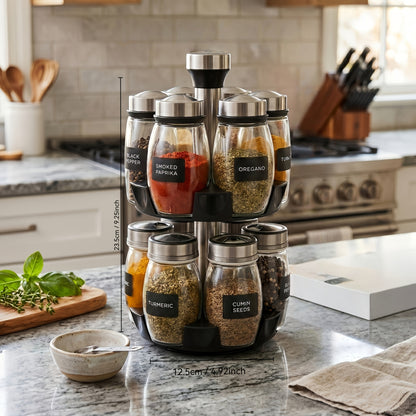 Glass Spice Jar Set with Rotating Stainless Steel Rack – 6 or 12 Piece Food Grade Glass Spice Bottles with 360° Spinning Rack for Kitchen Counter & Cabinet, Pantry Organization