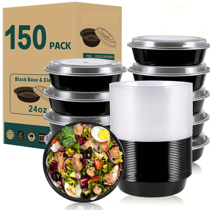 24oz Meal Prep Bowls with Lids Disposable Bento Food Containers – Stackable BPA-Free Microwave Freezer Dishwasher Safe, 50/100/150 Pack Black White
