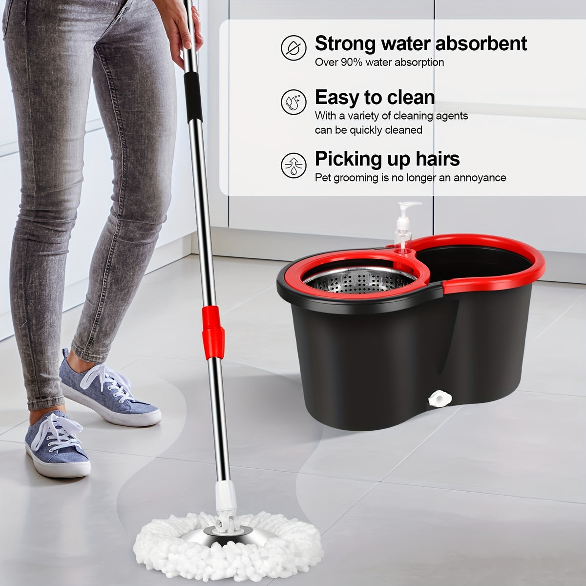 Spin Mop and Bucket Set with Wringer – 360° Spin Mop System, 3 Microfiber Replacement Heads & 61" Adjustable Handle for Floor Cleaning, Home & Holiday Cleaning
