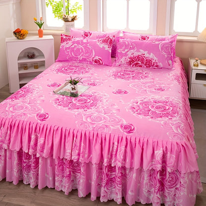 Bed Skirt Set 3-Piece with 2 Pillowcases, Double-Layered Hem Floral Peony & Plant Design, Dust-Proof Mattress Cover Bed Sheet, Machine Washable – Twin Full Queen, 5 Color Options