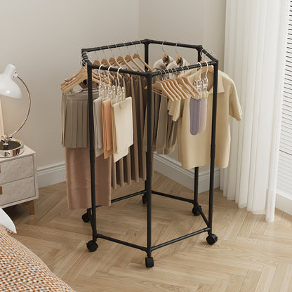 Rotating Clothes Rack Hexagonal – Freestanding 360° Rotary Vertical Clothing Hanging Rack for Laundry Room Bedroom, Space Saving Garment Organizer for Small Apartment, Black or White with Optional Mesh Bag