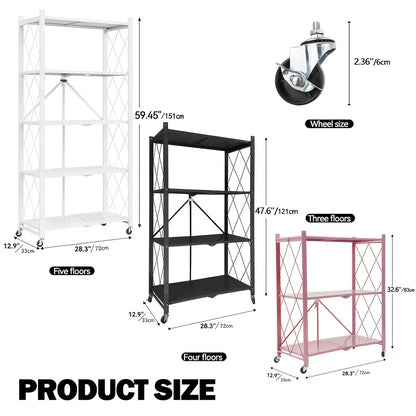 Portable Storage Rack with Lockable Wheels, 3 or 4 Tier Foldable Shelving Unit, Carbon Steel Floor Standing Shelf for Bedroom Bathroom Balcony Garden, No Assembly Required, Space Saving Rolling Organizer