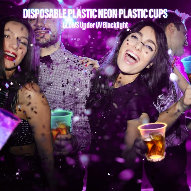 Neon Glow Party Cups 100 Pack Disposable Plastic Cups Glow in the Dark 12oz 16oz for Neon Party Blacklight Halloween Christmas Carnival Rave Birthday