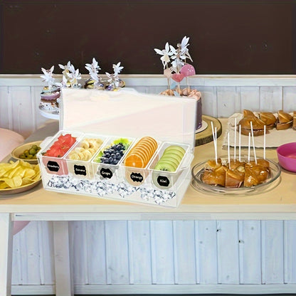 Portable Fruit Serving Tray with Lid & 5 Compartments - Chilled Salad Bowl with 5 Forks & 2 Tongs, Detachable Party Platter for Entertainment, Bar Decor & Buffet Serving