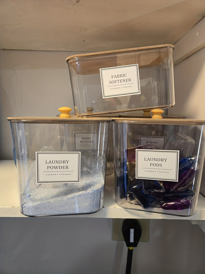 Laundry Pods Container Set with Bamboo Lid, Dryer Sheet Holder & Labels – Clear Laundry Room Organization Canisters for Scent Booster, Powder & Detergent Pods, 2/3/4-Pack
