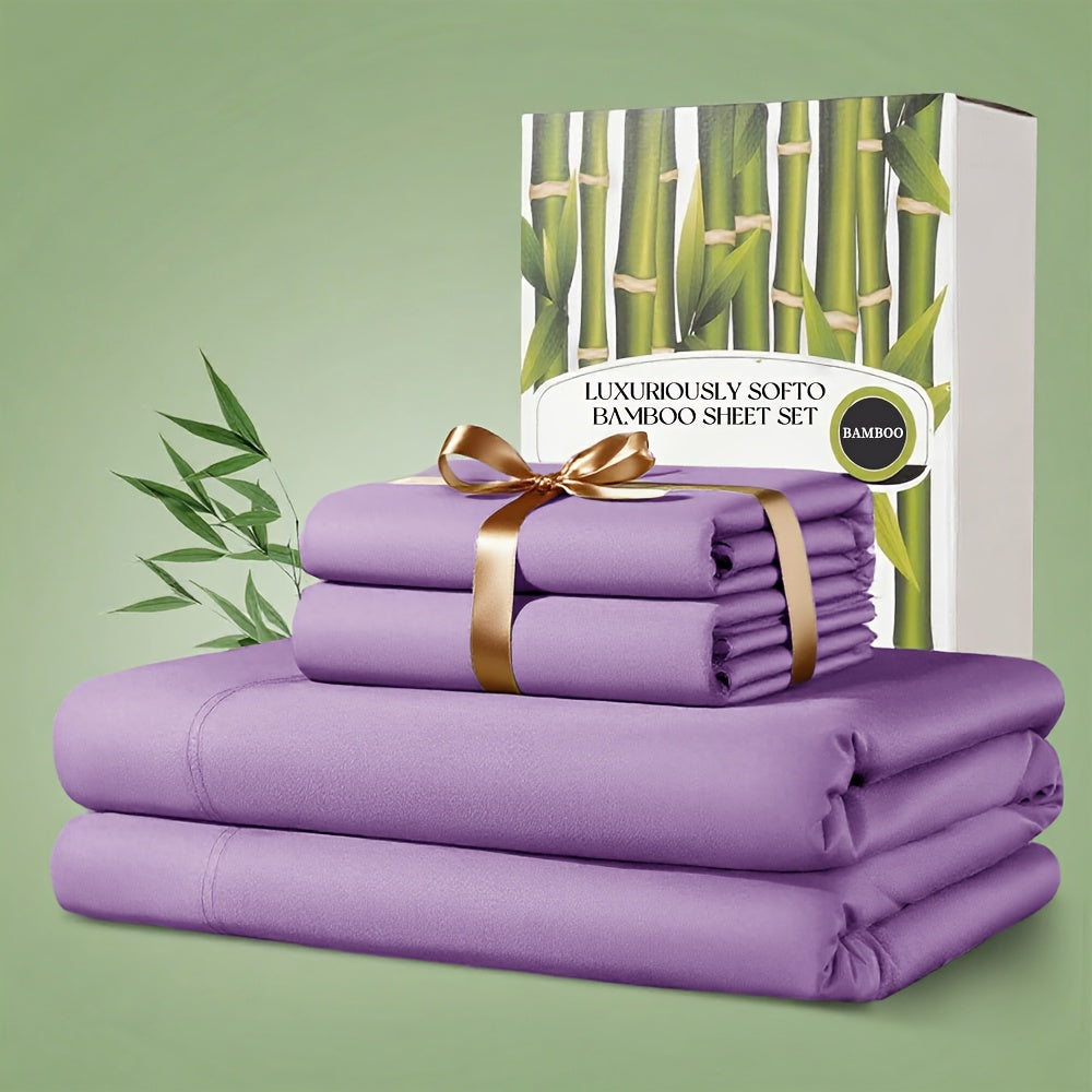 Bamboo Bed Sheet Set 4 Piece 2200TC Cooling Fabric Deep Pocket Fitted Sheet Ultra Soft Breathable for Hot Sleepers Twin Full Queen King Shrink Fade Wrinkle Resistant Hotel Quality Multiple Colors