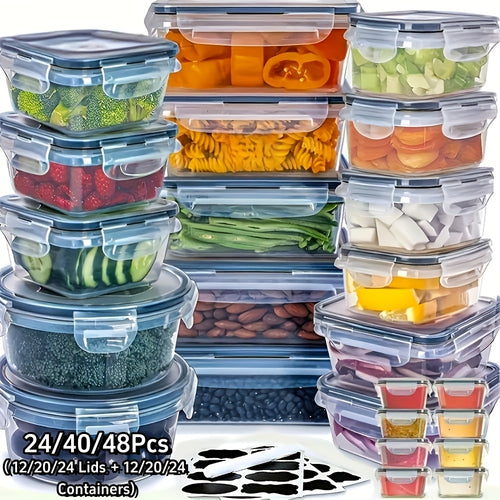 Stackable Plastic Food Storage Containers Set with Lids – 24/40/48 Piece Airtight Leak-Proof Meal Prep Boxes for Pantry, Fridge, Freezer & Kitchen Organization with Labels