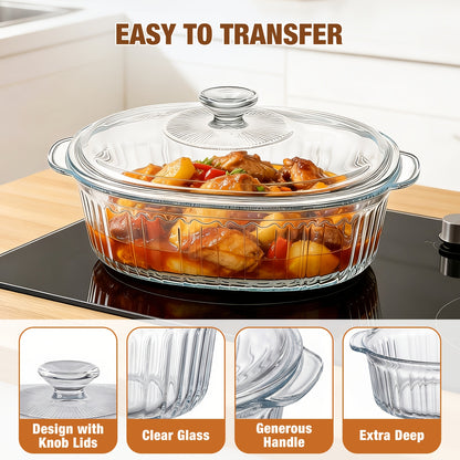 Borosilicate Glass Baking Dish with Lid – Oven Microwave Fridge Safe Oval Casserole Pan, Airtight Cover for Baking Meal Prep Grilled Fish & Serving, Dishwasher Safe Glass Bakeware 62oz / 96oz