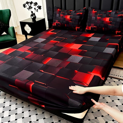 Digital Print Fitted Sheet Set 3 Piece Deep Pocket 15" – Plaid & Mechanical Pattern Bed Sheet with 2 Pillowcases, All Season Microfiber Bedding for Home & Dorm, Twin Full Queen King, 7 Colors