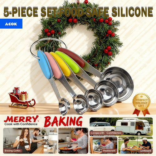 Measuring Cups and Spoons Set Stainless Steel with Silicone Handle – 5pcs Spoon Set or 10pcs Cup & Spoon Set, Precise Baking Tools for Cooking & Christmas Baking
