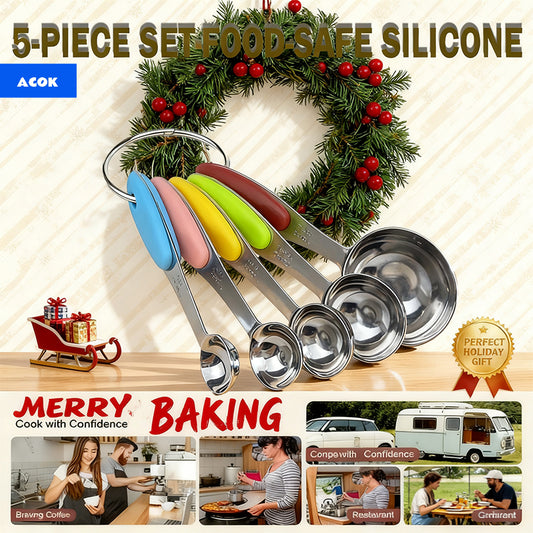 Measuring Cups and Spoons Set Stainless Steel with Silicone Handle – 5pcs Spoon Set or 10pcs Cup & Spoon Set, Precise Baking Tools for Cooking & Christmas Baking