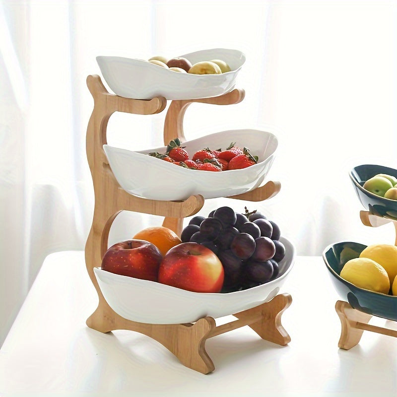 Tiered Wooden Fruit Stand 2 & 3 Layer Countertop Bowl – Natural Wood Farmhouse Fruit Basket, Candy & Snack Display Tray for Kitchen & Living Room, Space-Saving Easy Assembly, White & Green