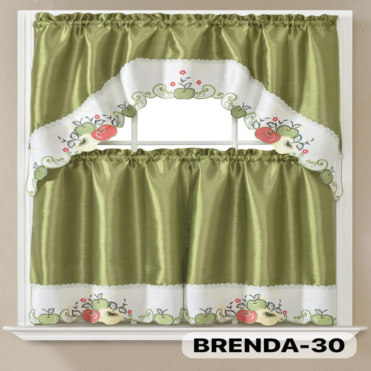 Kitchen Curtains Set 3 Piece with Embroidery – Satin Fabric Valance and Tier Curtains for Kitchen Windows, 49 Colors, Light Filtering, Rod Pocket, Machine Washable