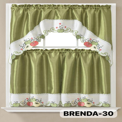 Kitchen Curtains Set 3 Piece with Embroidery – Satin Fabric Valance and Tier Curtains for Kitchen Windows, 49 Colors, Light Filtering, Rod Pocket, Machine Washable