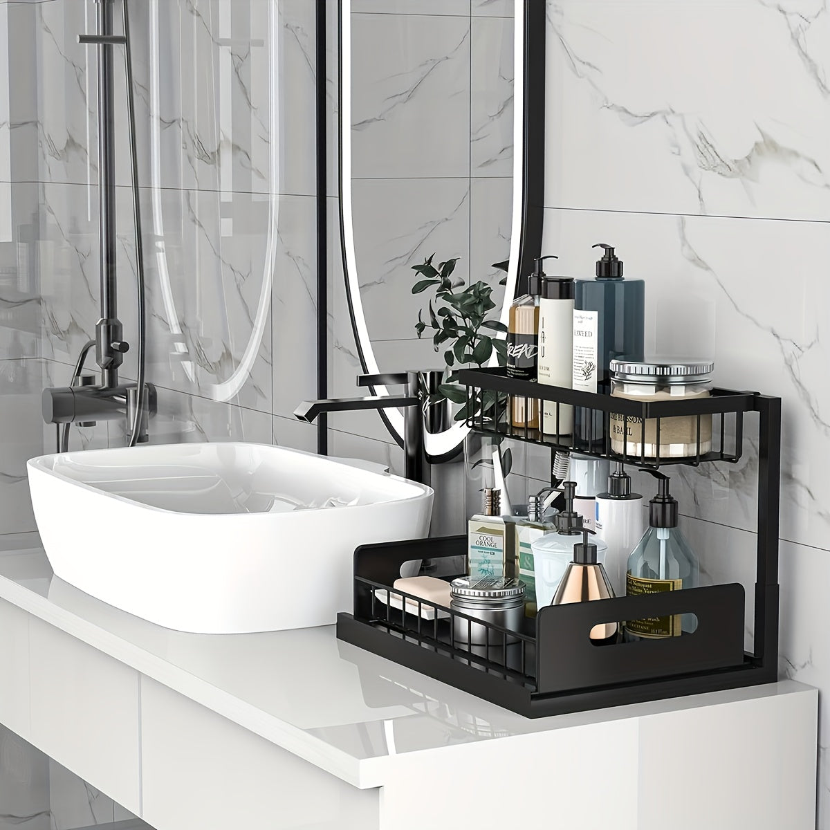 Under Sink Organizer with Sliding Drawer, 2-Tier Metal Pull-Out Storage Rack for Kitchen Bathroom Closet, Space-Saving Cabinet Shelf with Easy Access Design, Black or White