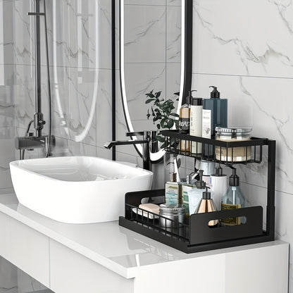Under Sink Organizer with Sliding Drawer, 2-Tier Metal Pull-Out Storage Rack for Kitchen Bathroom Closet, Space-Saving Cabinet Shelf with Easy Access Design, Black or White