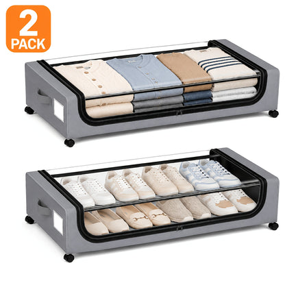 XXL Under Bed Storage Containers with Wheels & Clear Lids – 2-Pack 17.17 Gal Rolling Underbed Drawers for Shoes, Clothes, Comforters & Bedding, Space-Saving Pull-Out Bins for Dorm & Bedroom, Black & Grey
