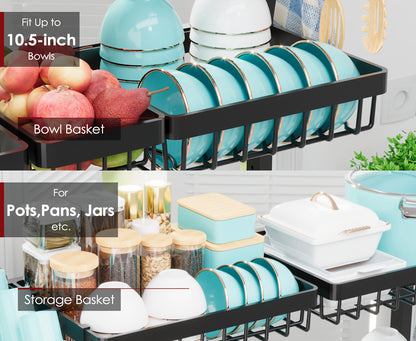 Over Sink Dish Drying Rack 3 Tier Adjustable Expandable - Stainless Steel Kitchen Organizer with Baskets, Utensil Holder, Knife & Cutting Board Holder - Space Saving Dish Drainer for Counter, Black